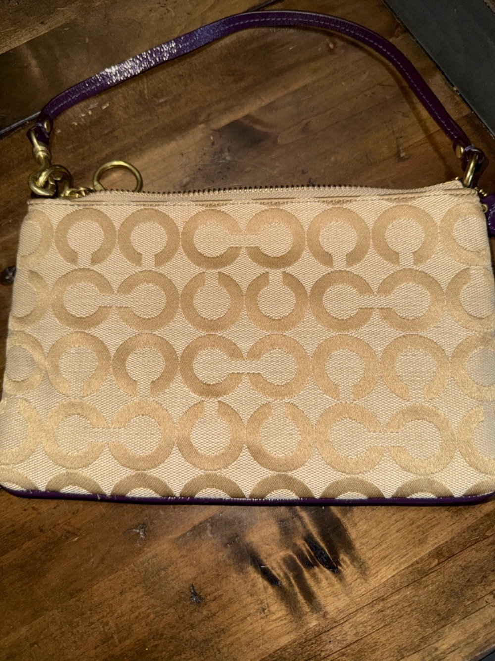 Coach Beige Signature Canvas Wristlet with Purple Accents - Picture 3 of 4